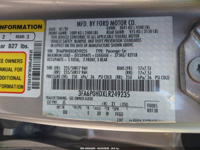 2020 Ford Fusion Se მანქანა იყიდება აუქციონზე, vin: 3FA6P0HDXLR249235, აუქციონის ნომერი: 45004205