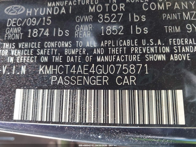 2016 Hyundai Accent Se მანქანა იყიდება აუქციონზე, vin: KMHCT4AE4GU075871, აუქციონის ნომერი: 45004215