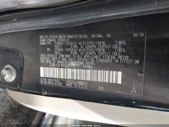 45004221 :رقم المزاد ، 5TBET34185S463518 vin ، 2005 Toyota Tundra Sr5 V8 مزاد بيع