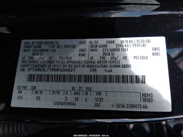 Продажа на аукционе авто 2024 Ford F-150 Lightning Flash, vin: 1FT6W3L77RWG04027, номер лота: 45004228