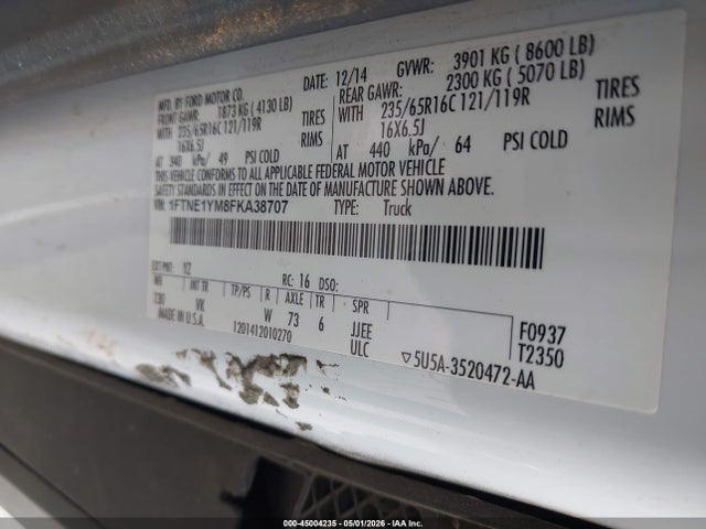 45004235 :رقم المزاد ، 1FTNE1YM8FKA38707 vin ، 2015 Ford Transit-150 مزاد بيع