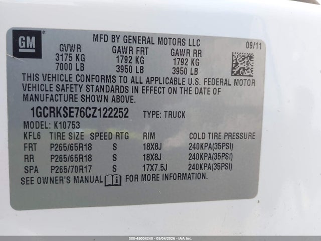 Продаж на аукціоні авто 2012 Chevrolet Silverado 1500 Lt, vin: 1GCRKSE76CZ122252, номер лоту: 45004240