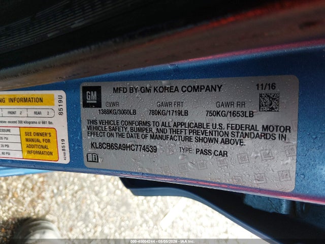 Продажа на аукционе авто 2017 Chevrolet Spark Ls Cvt, vin: KL8CB6SA9HC774539, номер лота: 45004244