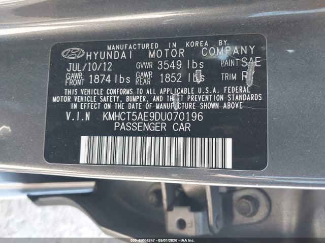 2013 Hyundai Accent Gs მანქანა იყიდება აუქციონზე, vin: KMHCT5AE9DU070196, აუქციონის ნომერი: 45004247