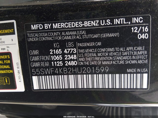 Aukcja sprzedaży 2017 Mercedes-benz C 300 4matic, vin: 55SWF4KB2HU201599, numer aukcji: 45004249