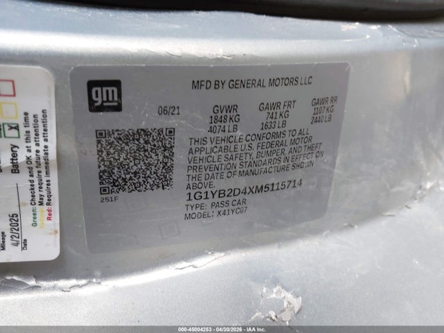 Aukcja sprzedaży 2021 Chevrolet Corvette Stingray, vin: 1G1YB2D4XM5115714, numer aukcji: 45004253