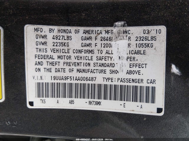 Aukcja sprzedaży 2010 Acura Tl 3.7, vin: 19UUA9F51AA006487, numer aukcji: 45004257