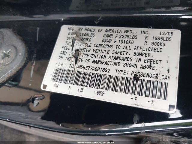 45004258 :رقم المزاد ، 1HGCM56377A081892 vin ، 2007 Honda Accord 2.4 Se مزاد بيع