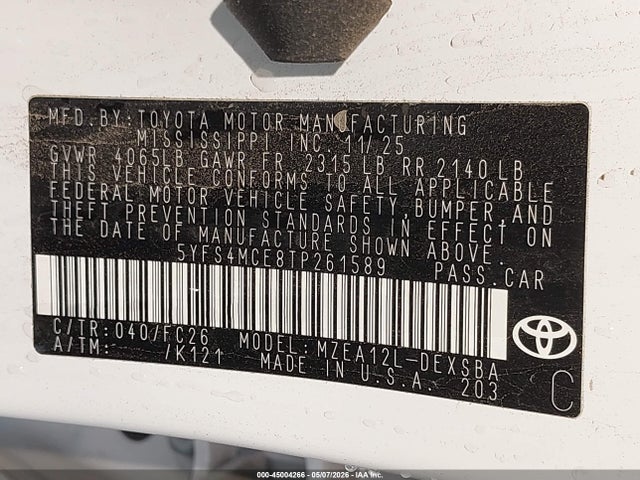 45004266 :رقم المزاد ، 5YFS4MCE8TP261589 vin ، 2026 Toyota Corolla Se مزاد بيع