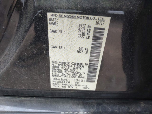 2018 Nissan Altima 2.5 Sr მანქანა იყიდება აუქციონზე, vin: 1N4AL3AP9JC133435, აუქციონის ნომერი: 45004269