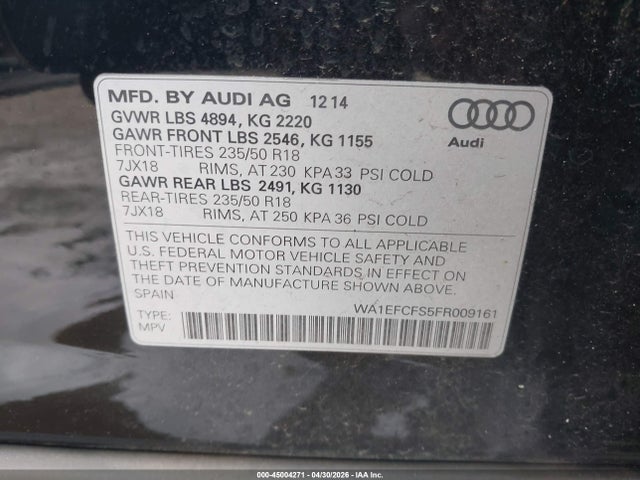 45004271 :رقم المزاد ، WA1EFCFS5FR009161 vin ، 2015 Audi Q3 2.0t Premium Plus مزاد بيع