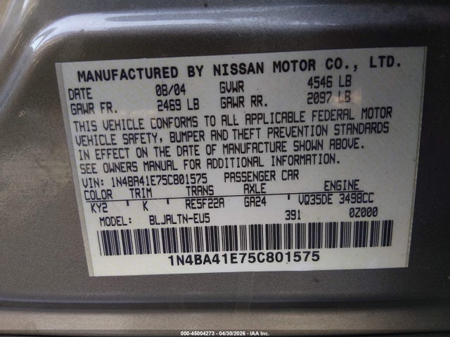 Продаж на аукціоні авто 2005 Nissan Maxima 3.5 Se, vin: 1N4BA41E75C801575, номер лоту: 45004273