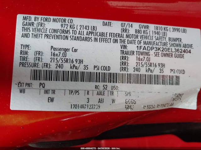 Aukcja sprzedaży 2014 Ford Focus Se, vin: 1FADP3K20EL362404, numer aukcji: 45004275