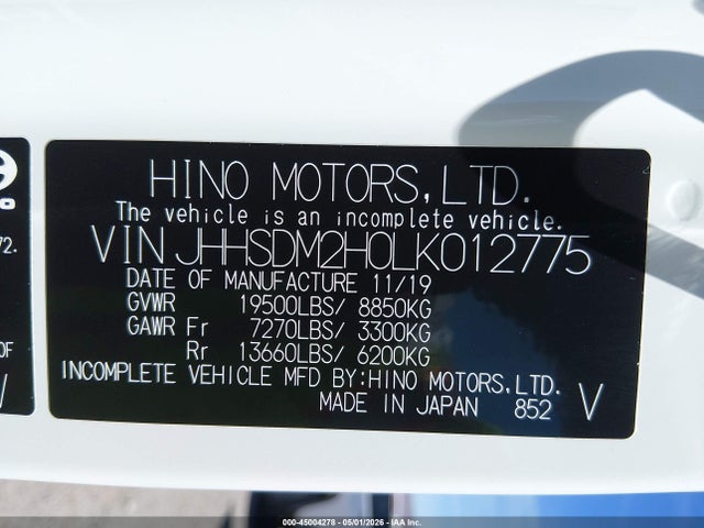 Продажа на аукционе авто 2020 Hino Xjc740/xfc740, vin: JHHSDM2H0LK012775, номер лота: 45004278