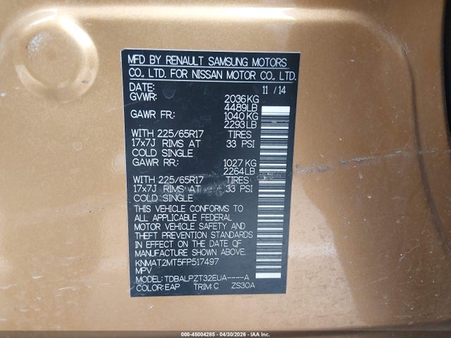 2015 Nissan Rogue S მანქანა იყიდება აუქციონზე, vin: KNMAT2MT5FP517497, აუქციონის ნომერი: 45004285