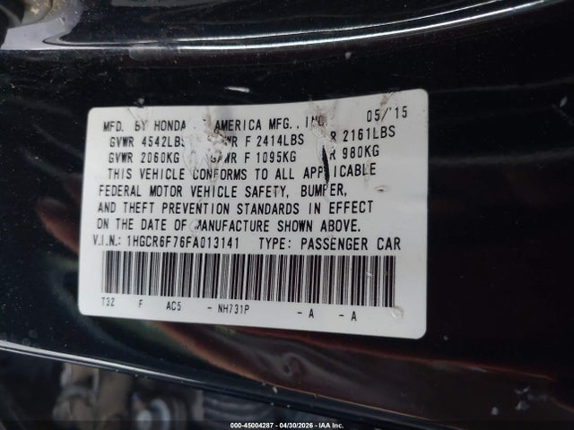 Aukcja sprzedaży 2015 Honda Accord Hybrid Touring, vin: 1HGCR6F76FA013141, numer aukcji: 45004287