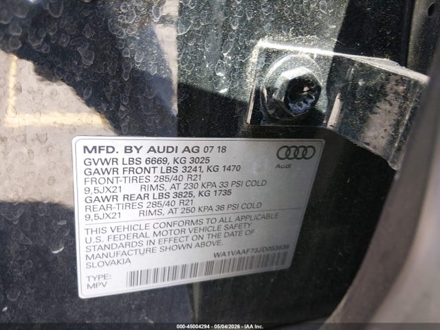 45004294 :رقم المزاد ، WA1VAAF73JD053938 vin ، 2018 Audi Q7 3.0t Premium مزاد بيع