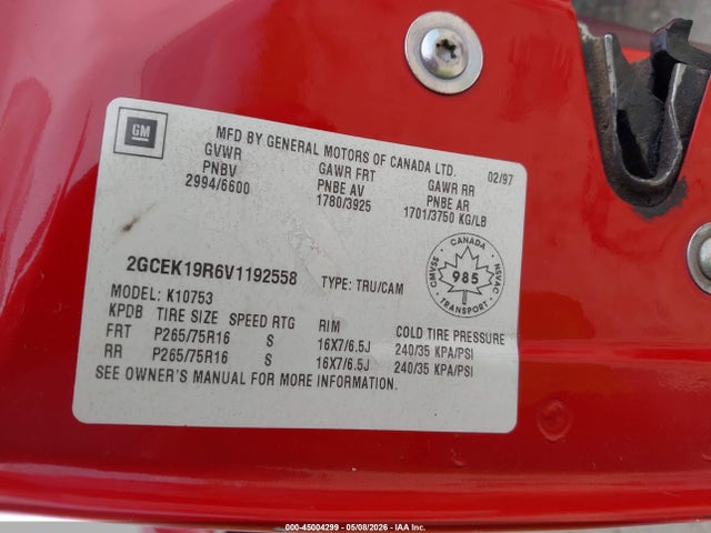 45004299 :رقم المزاد ، 2GCEK19R6V1192558 vin ، 1997 Chevrolet K1500 Fleetside/sportside مزاد بيع