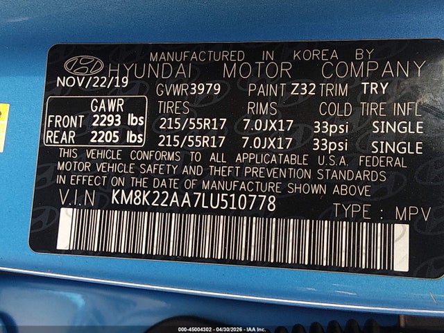 2020 Hyundai Kona Sel მანქანა იყიდება აუქციონზე, vin: KM8K22AA7LU510778, აუქციონის ნომერი: 45004302