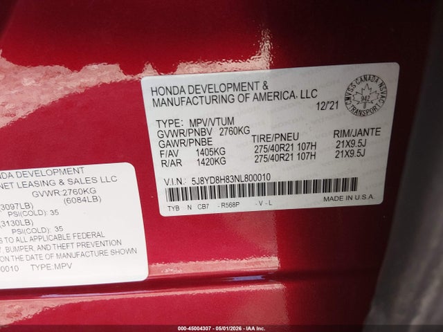 Продаж на аукціоні авто 2022 Acura Mdx Type S W/advance Package, vin: 5J8YD8H83NL800010, номер лоту: 45004307
