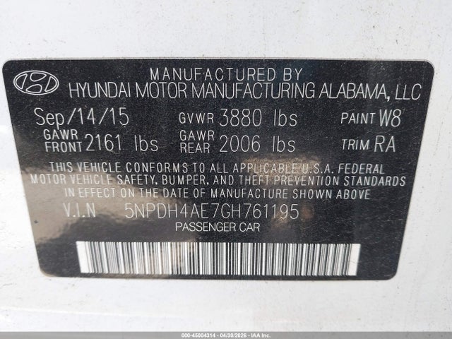 2016 Hyundai Elantra Se მანქანა იყიდება აუქციონზე, vin: 5NPDH4AE7GH761195, აუქციონის ნომერი: 45004314