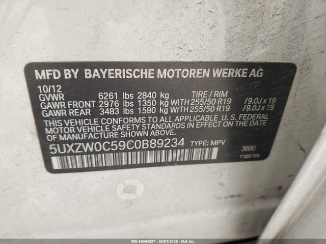 Aukcja sprzedaży 2012 Bmw X5 Xdrive35d, vin: 5UXZW0C59C0B89234, numer aukcji: 45004327