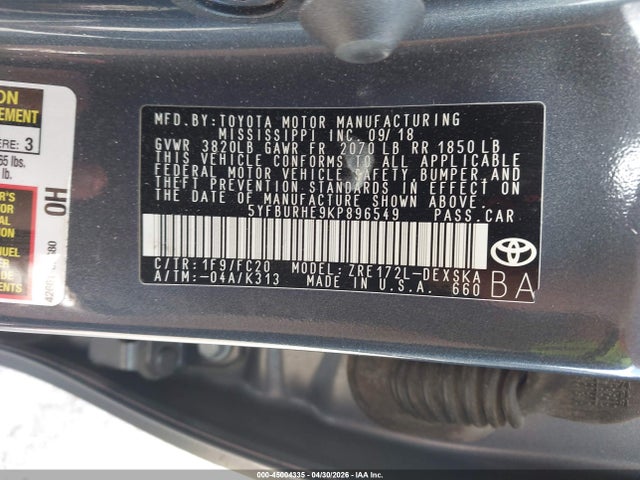Продаж на аукціоні авто 2019 Toyota Corolla Se, vin: 5YFBURHE9KP896549, номер лоту: 45004335