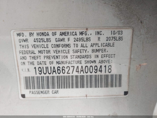 45004338 :رقم المزاد ، 19UUA66274A009418 vin ، 2004 Acura Tl مزاد بيع