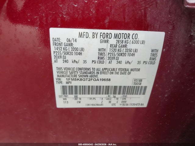 45004342 :رقم المزاد ، 1FM5K8GT2FGA19658 vin ، 2015 Ford Explorer Sport مزاد بيع