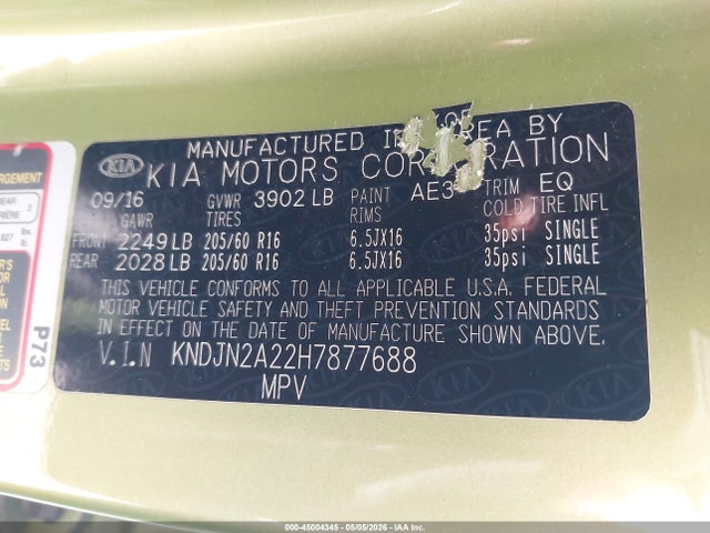 2017 Kia Soul მანქანა იყიდება აუქციონზე, vin: KNDJN2A22H7877688, აუქციონის ნომერი: 45004345