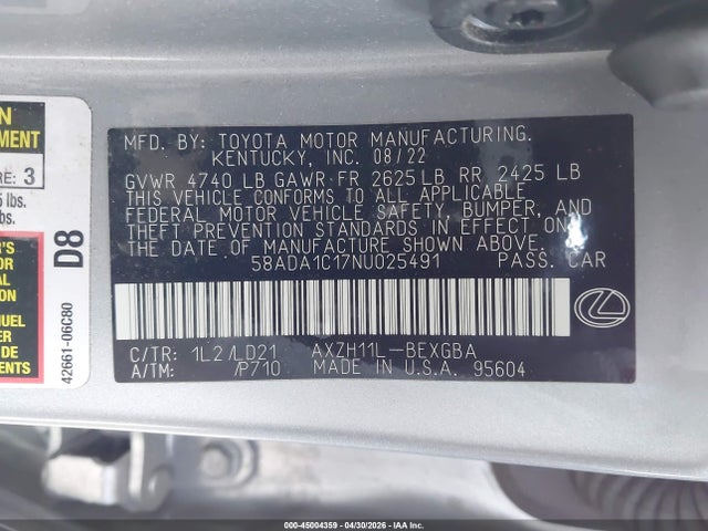 2022 Lexus Es 300h მანქანა იყიდება აუქციონზე, vin: 58ADA1C17NU025491, აუქციონის ნომერი: 45004359