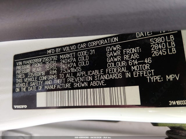 2015 Volvo Xc60 T6 მანქანა იყიდება აუქციონზე, vin: YV4902RB9F2563792, აუქციონის ნომერი: 45004368