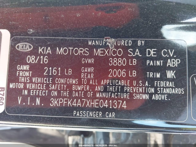 Продажа на аукционе авто 2017 Kia Forte Lx, vin: 3KPFK4A7XHE041374, номер лота: 45004370