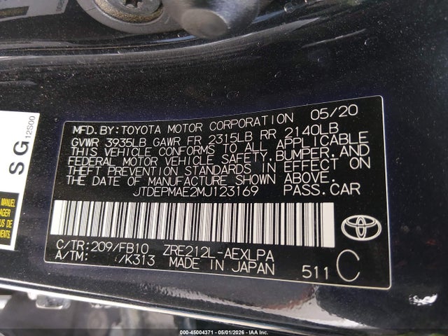 Aukcja sprzedaży 2021 Toyota Corolla Le, vin: JTDEPMAE2MJ123169, numer aukcji: 45004371