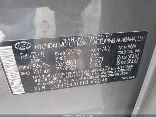 2022 Hyundai Santa Fe Calligraphy მანქანა იყიდება აუქციონზე, vin: 5NMS54AL8NH438248, აუქციონის ნომერი: 45004372