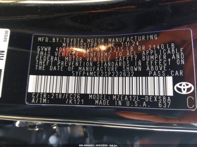 Продаж на аукціоні авто 2025 Toyota Corolla Se, vin: 5YFP4MCE2SP222632, номер лоту: 45004381