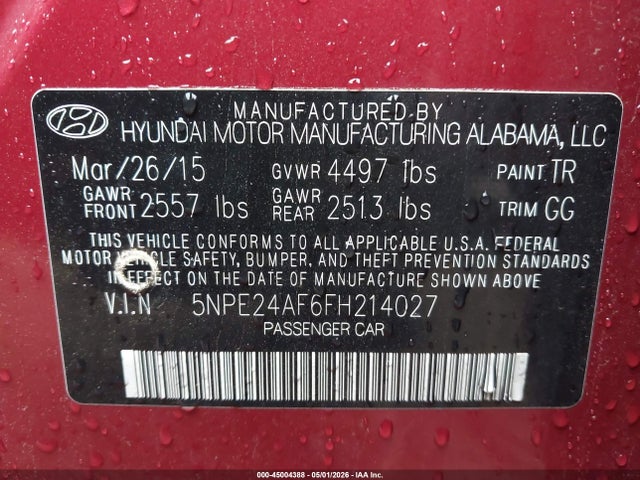 45004388 :رقم المزاد ، 5NPE24AF6FH214027 vin ، 2015 Hyundai Sonata Se مزاد بيع