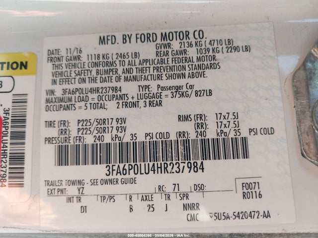 3FA6P0LU4HR237984 Ford Fusion Hybrid Se