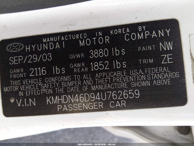 Aukcja sprzedaży 2004 Hyundai Elantra Gls/gt, vin: KMHDN46D94U762659, numer aukcji: 45004403