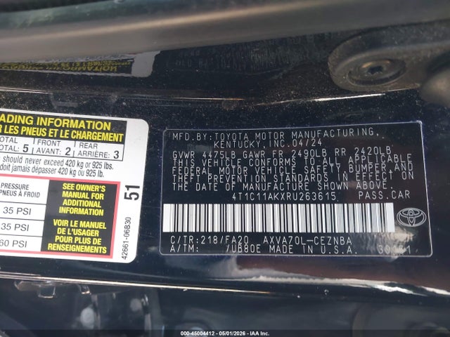 Aukcja sprzedaży 2024 Toyota Camry Le, vin: 4T1C11AKXRU263615, numer aukcji: 45004412