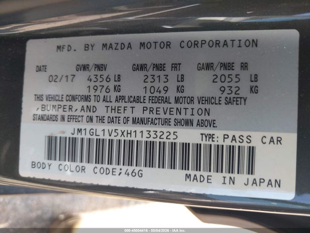 45004416 :رقم المزاد ، JM1GL1V5XH1133225 vin ، 2017 Mazda Mazda6 Touring مزاد بيع