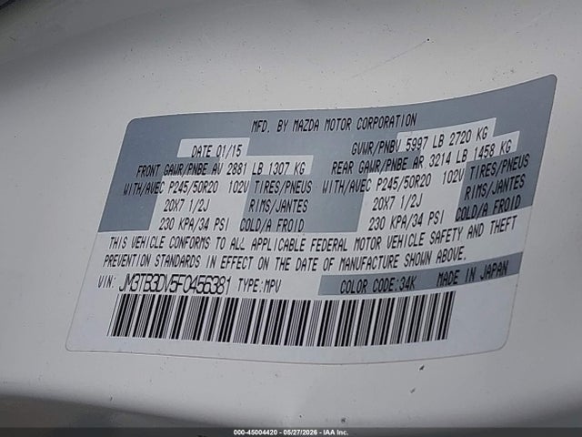 Mazda Cx-9 Grand Touring 2015 JM3TB3DV5F0456381 Image 9