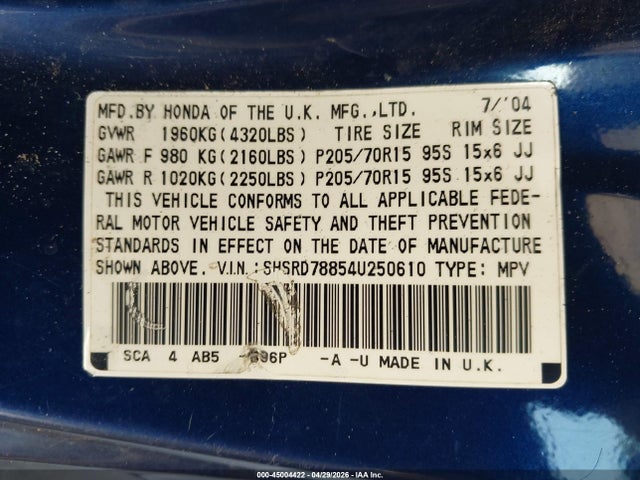 Aukcja sprzedaży 2004 Honda Cr-v Ex, vin: SHSRD78854U250610, numer aukcji: 45004422