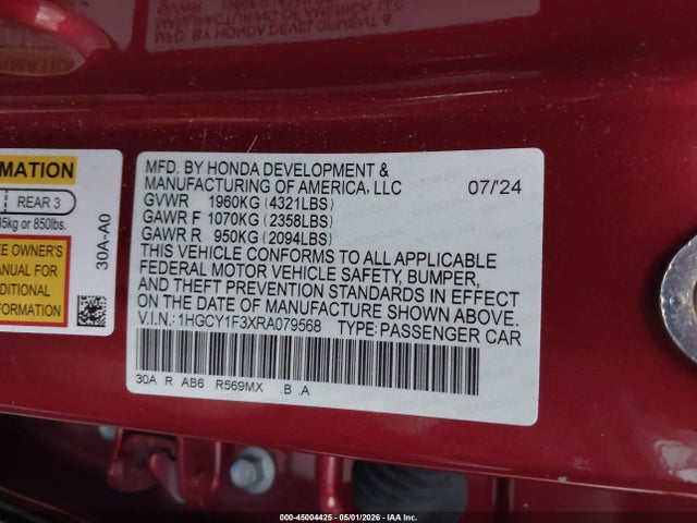 45004425 :رقم المزاد ، 1HGCY1F3XRA079568 vin ، 2024 Honda Accord Ex مزاد بيع