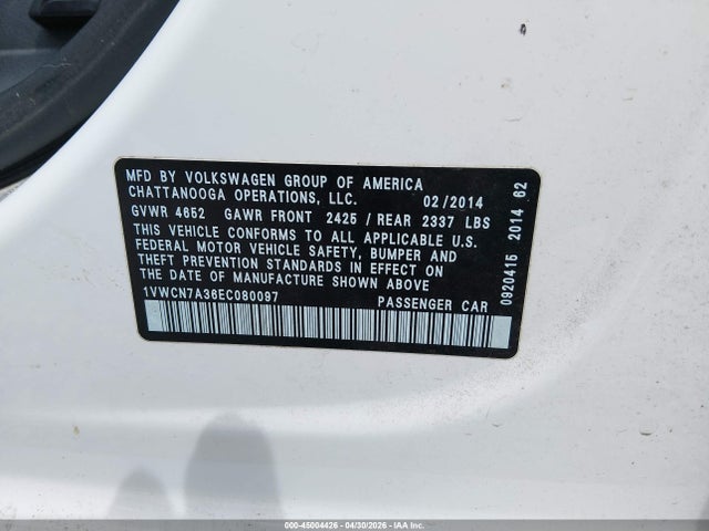 45004426 :رقم المزاد ، 1VWCN7A36EC080097 vin ، 2014 Volkswagen Passat 2.0l Tdi Sel Premium مزاد بيع