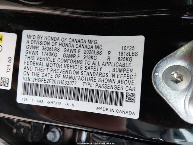 2026 Honda Civic Lx მანქანა იყიდება აუქციონზე, vin: 2HGFE2F20TH533077, აუქციონის ნომერი: 45004428