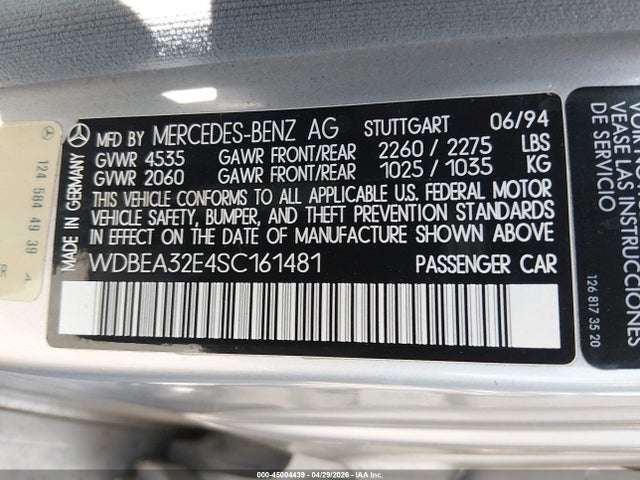 Aukcja sprzedaży 1995 Mercedes-benz E 320 Base/320 Special, vin: WDBEA32E4SC161481, numer aukcji: 45004439