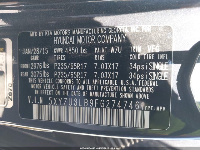 2015 Hyundai Santa Fe Sport 2.4l მანქანა იყიდება აუქციონზე, vin: 5XYZU3LB9FG274746, აუქციონის ნომერი: 45004445
