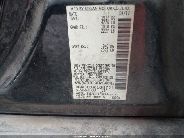 Продаж на аукціоні авто 2018 Nissan Altima 2.5 S, vin: 1N4AL3APXJC100721, номер лоту: 45004451