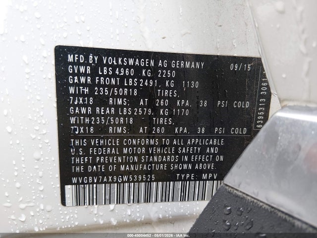 Aukcja sprzedaży 2016 Volkswagen Tiguan Se, vin: WVGBV7AX9GW539525, numer aukcji: 45004452